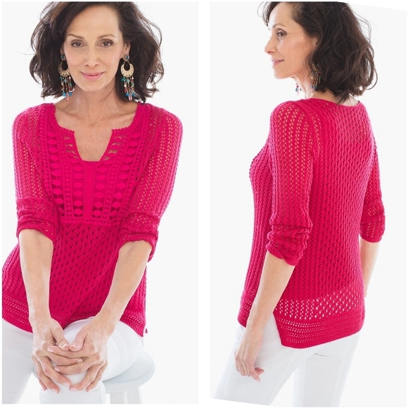 CHICO'S Crochet Detail Jamie Pullover Top Sz 3/L in Raspberry Cottagecore Fairy - Picture 12 of 12